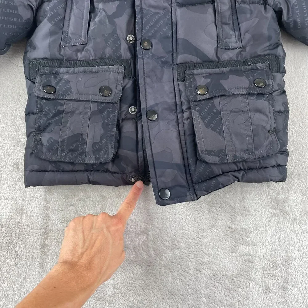Diesel Jacket Boys 3T Black Camo Puffer‎ Zip Pockets Long Sleeve Button Up